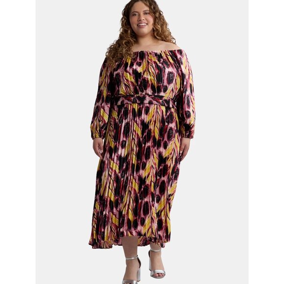 Terra & Sky Black Label Plus Size 3X 24W - 26W Watercolor Feathers Midi Dress - Picture 3 of 3